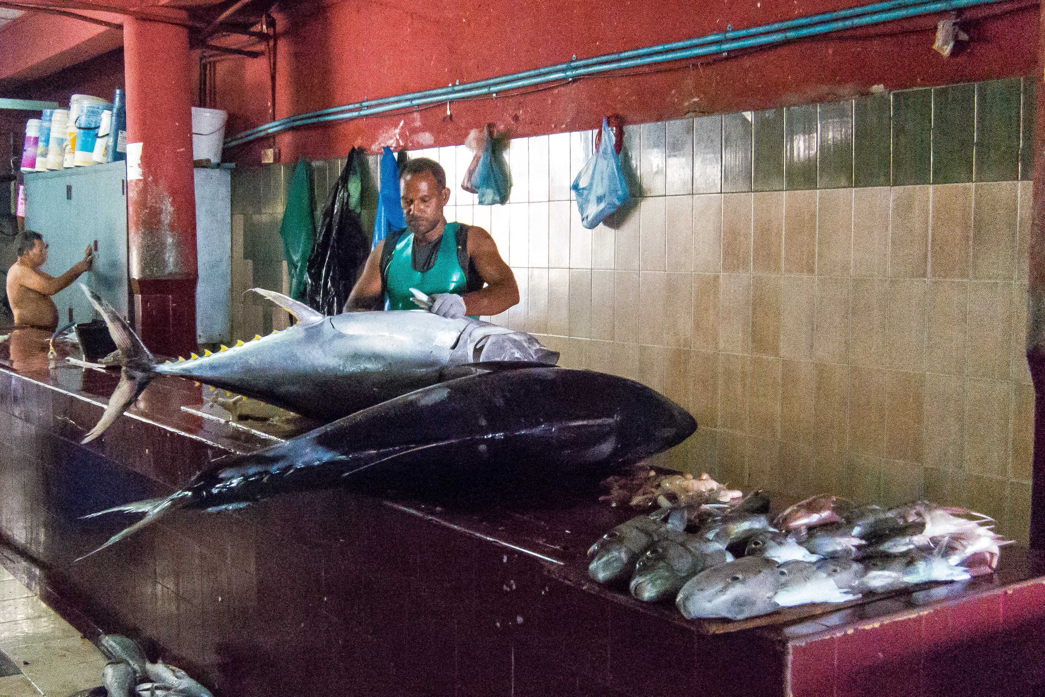 A fishmonger preparing large fish at the fish market in Male