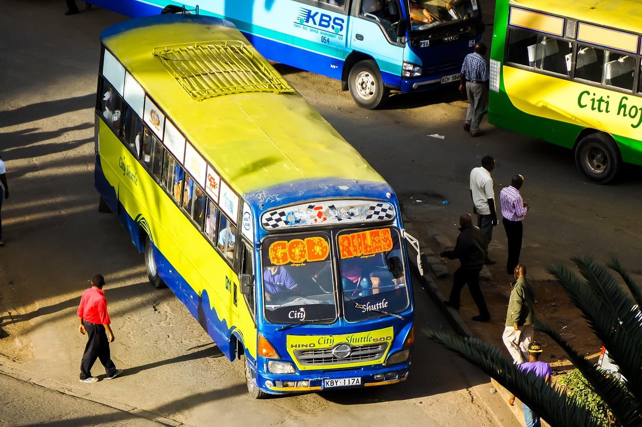 A colorful matatu bus in Nairobi traffic