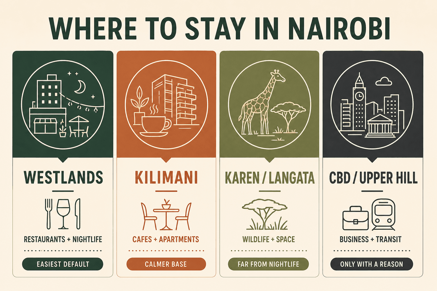 Comparison of Westlands, Kilimani, Karen or Langata, and the CBD or Upper Hill for first-time Nairobi visitors