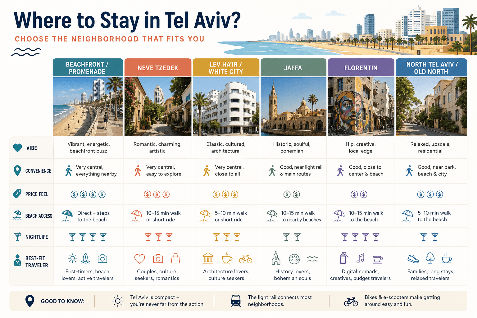 Comparison visual showing Tel Aviv neighborhoods for first-time visitors